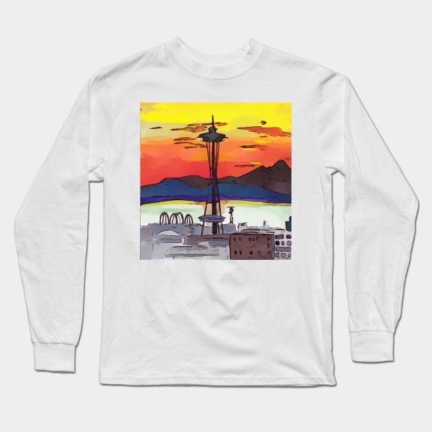 Stunning, intense red Seattle Sunset during wildfires in Canada Long Sleeve T-Shirt by WelshDesigns